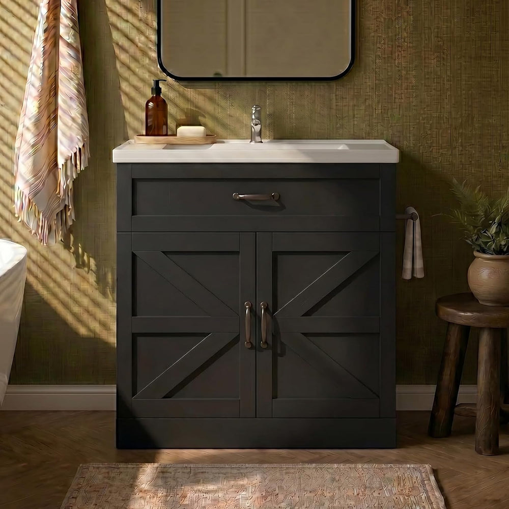 31 Inch Bathroom Vanity with Sink, Drawer and Barn Doors Cabinet, Black | Far...