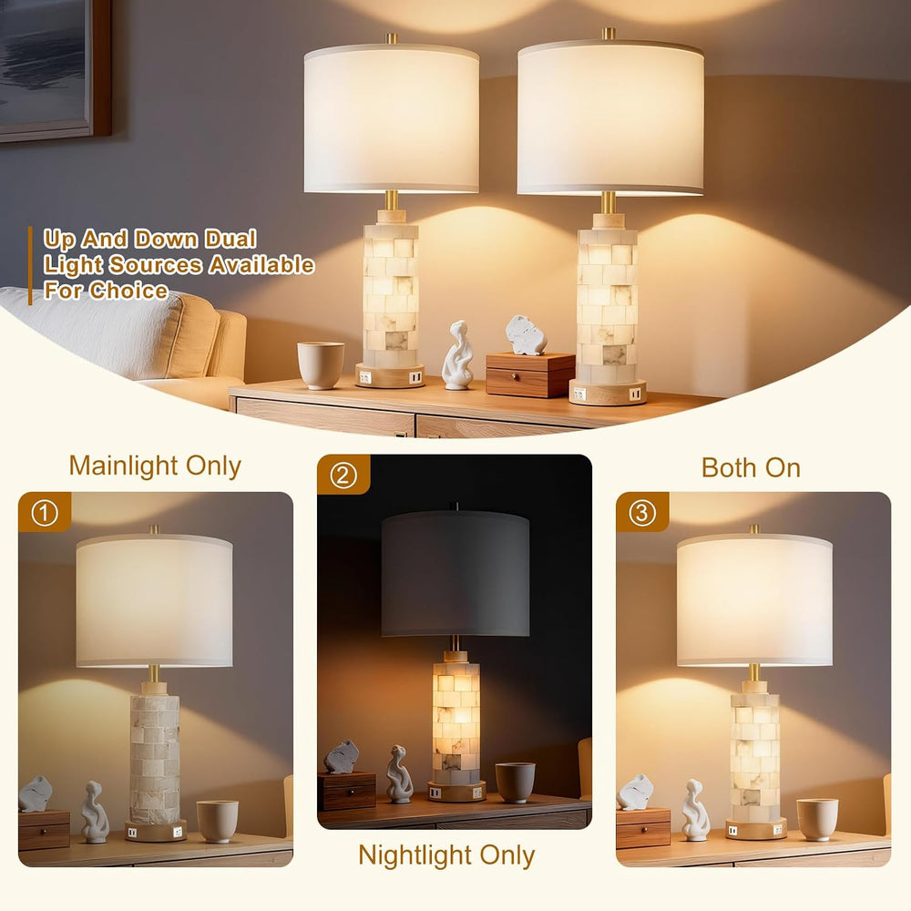 KIVDITZO 27" Alabaster and Wood Table Lamps Set of 2 with Night Light