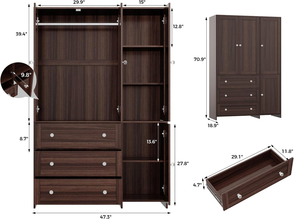 VOWNER 71" H Armoire Wardrobe Closet with 3 Drawers and Mirror