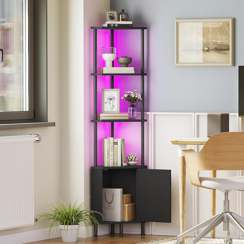 HOOBRO Corner Cabinet with LED Light, Corner Shelf Stand with Storage and Doo...