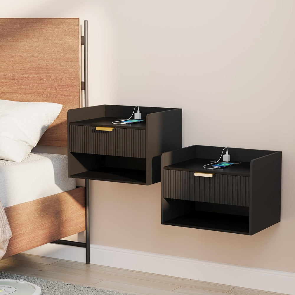 Arbuxzuy Floating Nightstand Set of 2 with Charging Station and Drawer | Mode...