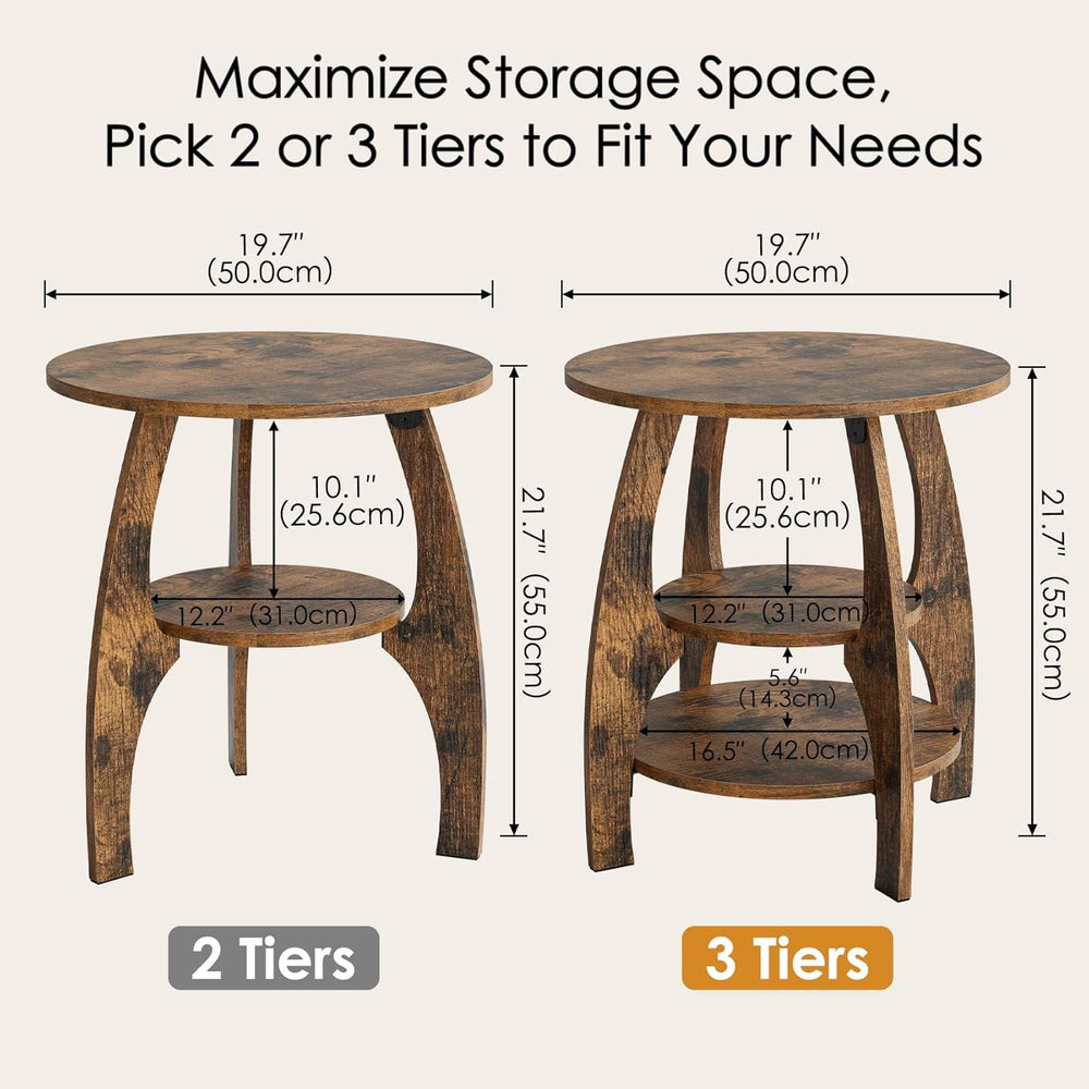 Masupu Round Side Table, 3-Tier Wood End Table, 19.7 inch Accent Table, Mid C...
