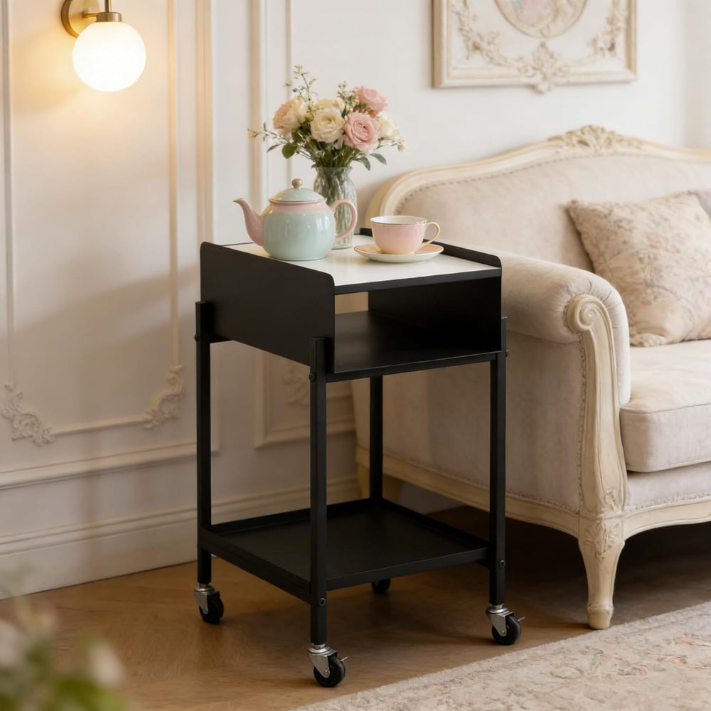 Rolling End Table with Wheels 3-Tier Narrow Side Table Black