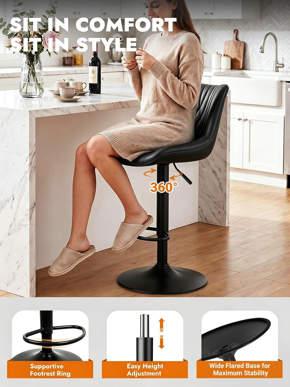 Swivel Bar Stools Set of 3, Height Adjustable Counter Height Bar Stools with ...