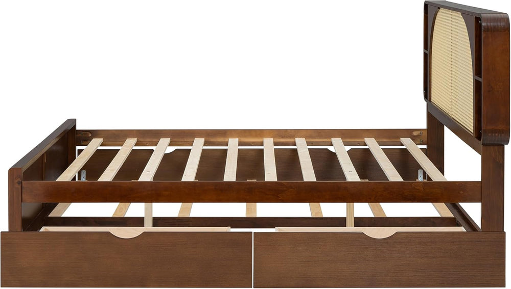 SOFTSEA Queen Size Rattan Bed with Trundle and 2 Drawers, Elegant Traditional...