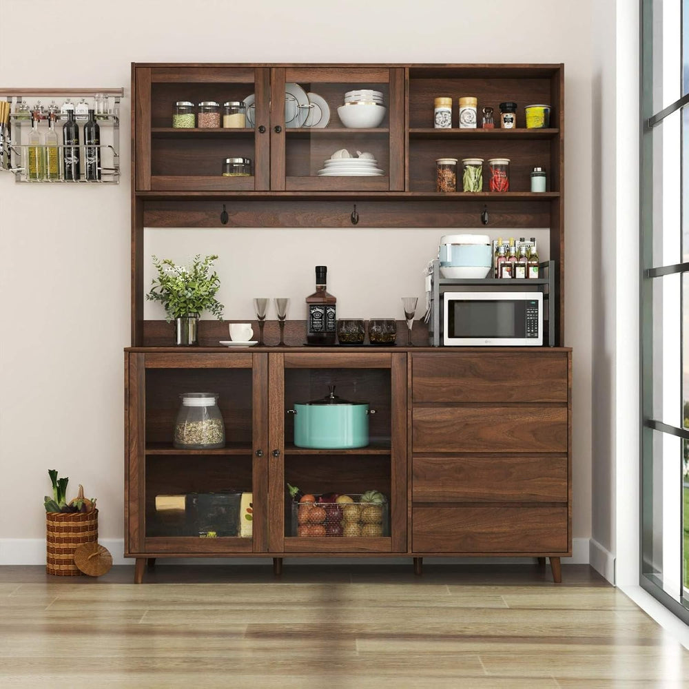 Kitchen Pantry Cabinet with Hutch, 4 Drawers, Glass Doors, Adjustable Shelves...