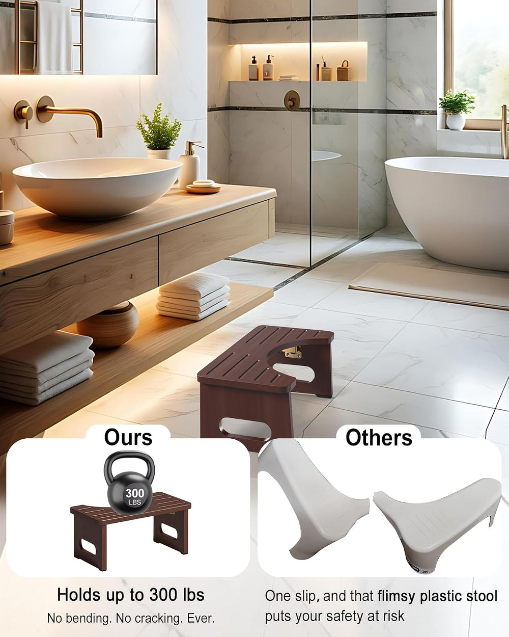 Foldable Toilet Stool, 7 Inch Poop Stool for Bathroom, Bamboo Toilet Stool Sq...
