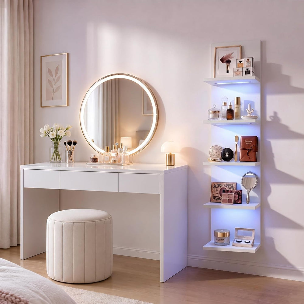 5 Tier Wall Shelf Unit, White, RGB Lack Shelf with Light
