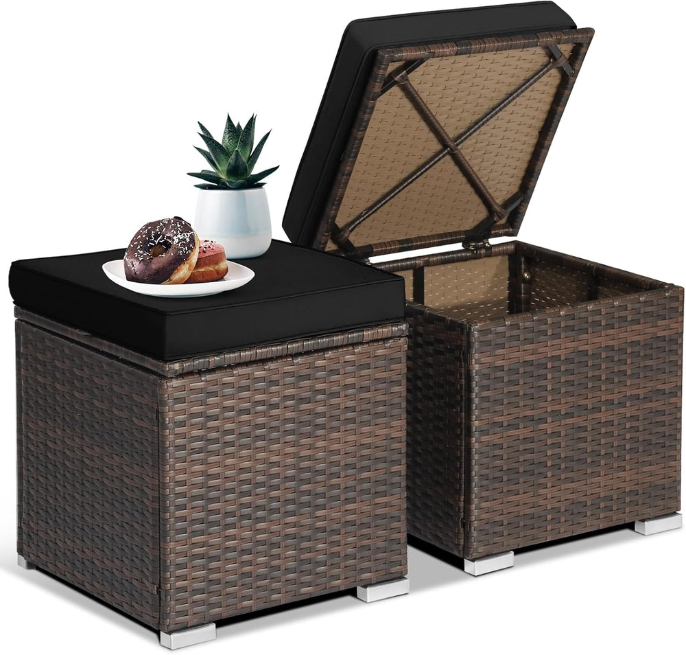 ORALNER 16" Outdoor Ottoman, Set of 2 Wicker Ottoman with Storage, All-W...