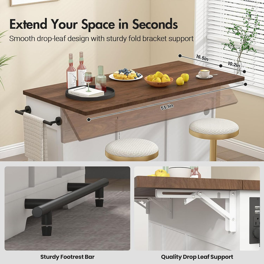 Kikihouse 55" Drop Leaf Kitchen Island Table with Power Outlet, Large St...