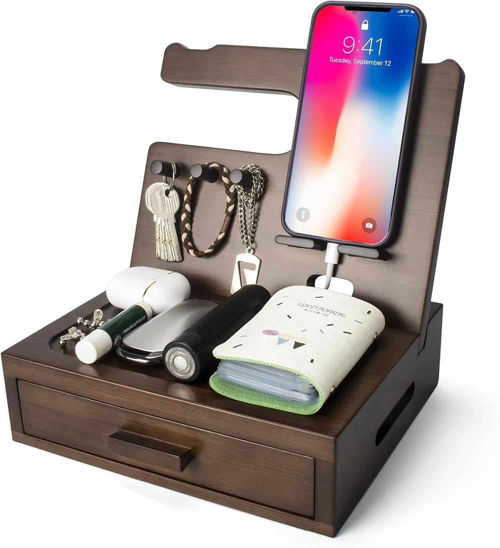 Solid Wood Nightstand Organizer, Docking Station, Gifts for Men, Made of Ceda...