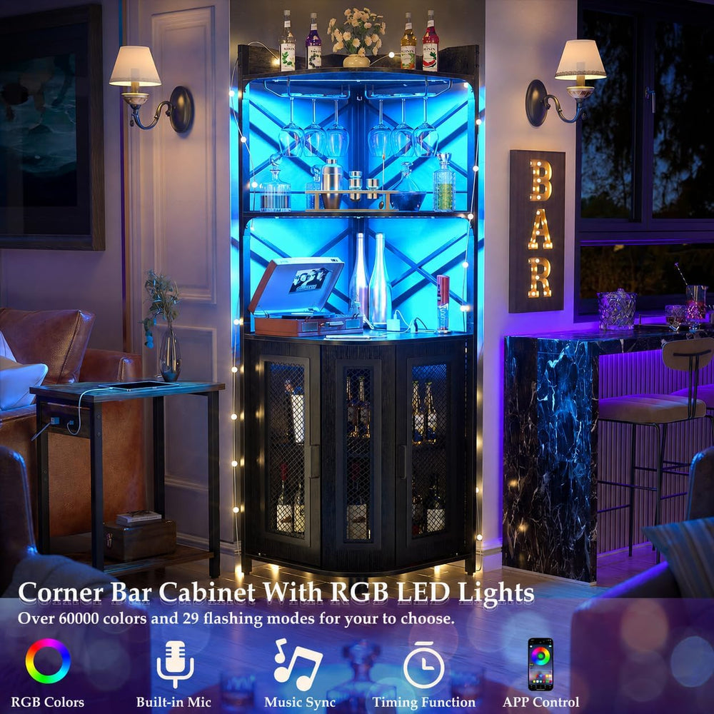 Aheaplus Corner Bar Cabinet with Power Outlet, Industrial Liquor Cabinet | 5-...