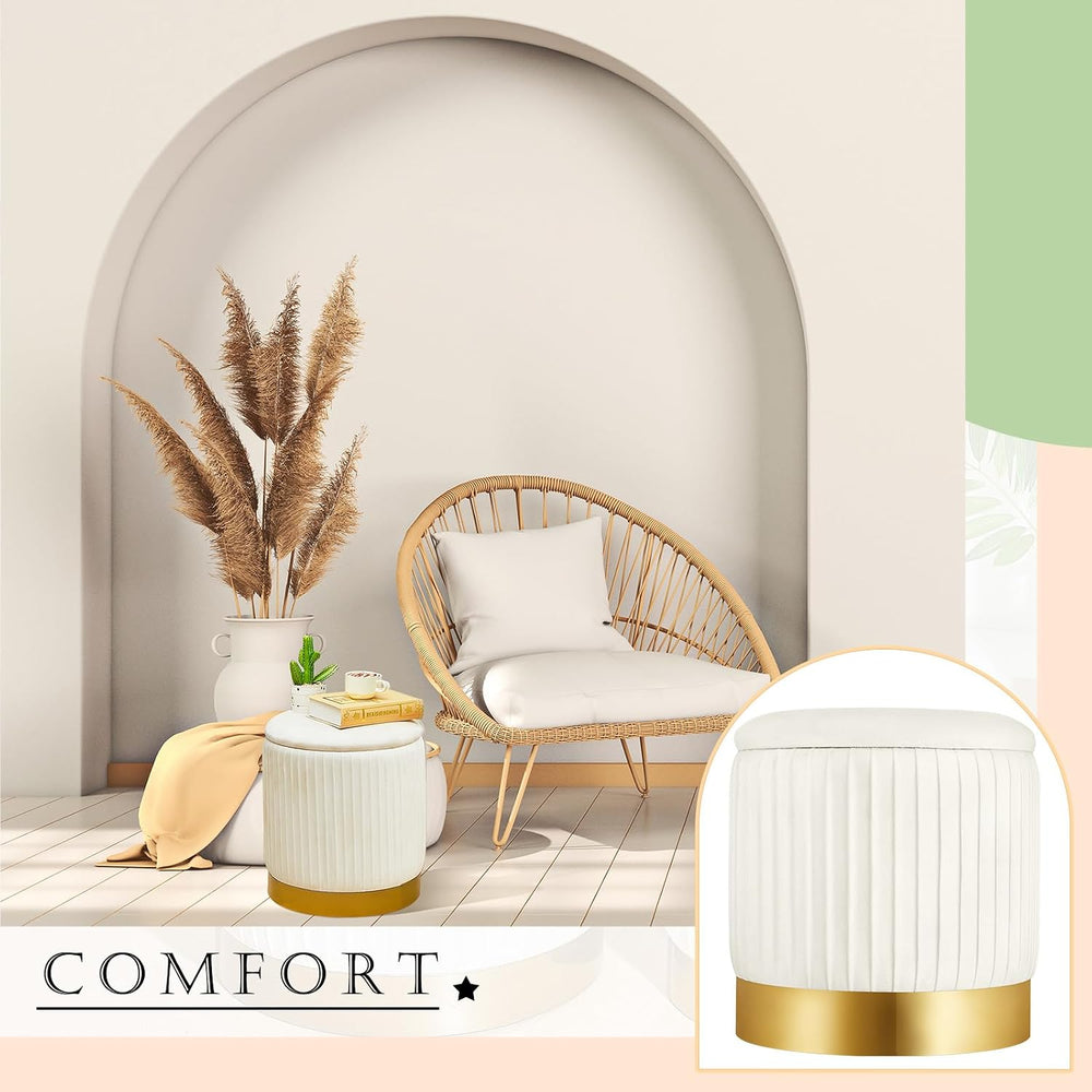 Barydat 2 Pcs Round Ottoman with Storage White Velvet Storage Ottoman Stool w...
