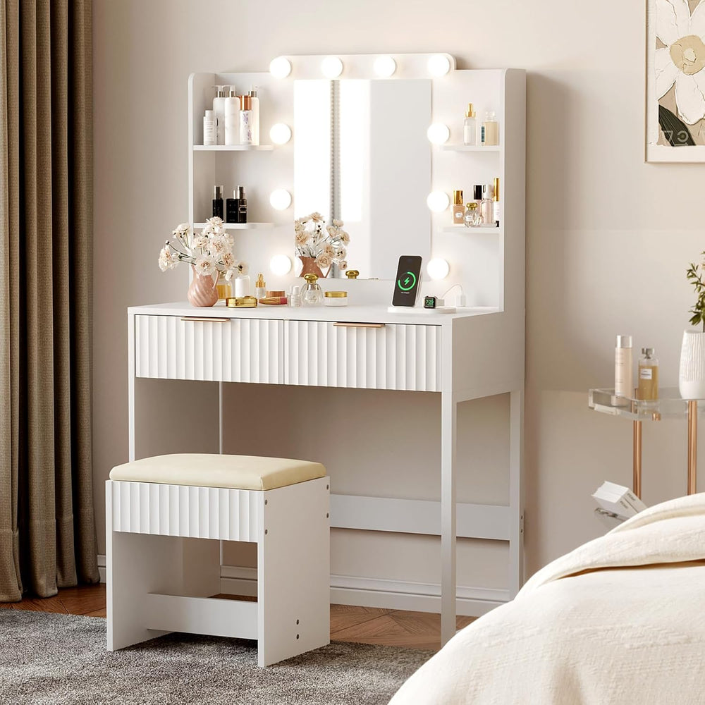 VINGLI Fluted Makeup Vanity Desk with Mirror and Lights and Stools, Small Van...