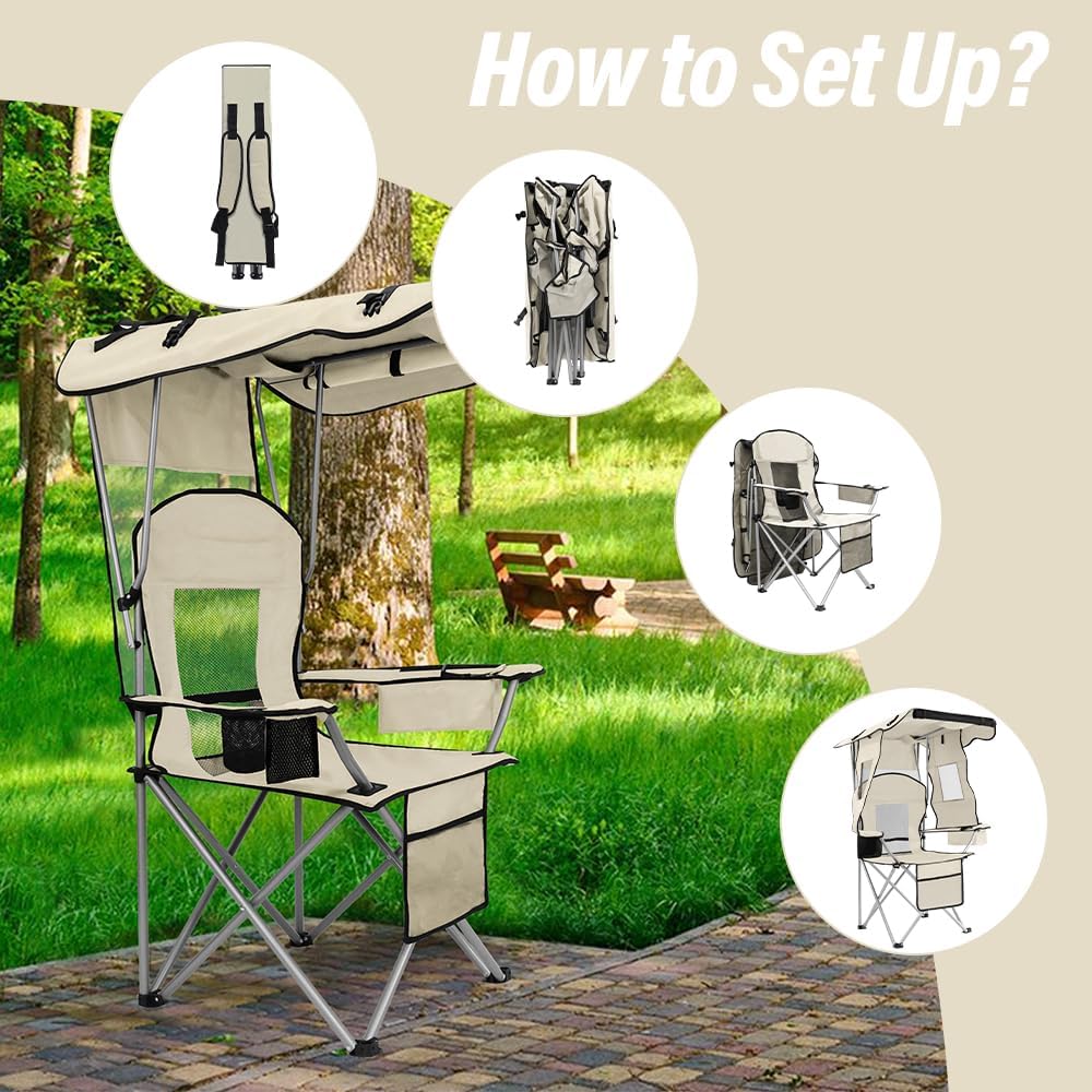 BESTHLS Camping Chair with Canopy Shade Portable Folding Beach Chairs with Co...