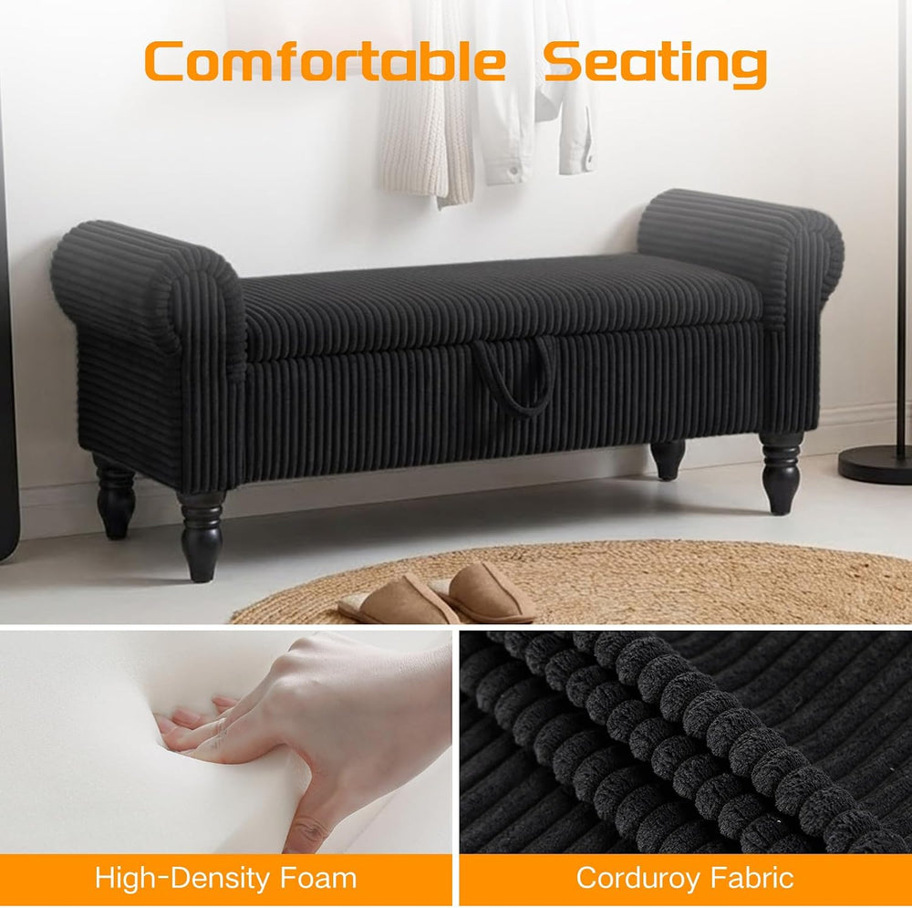 55" Storage Ottoman Bench, Corduroy End of Bed Bench for Bedroom, Black ...