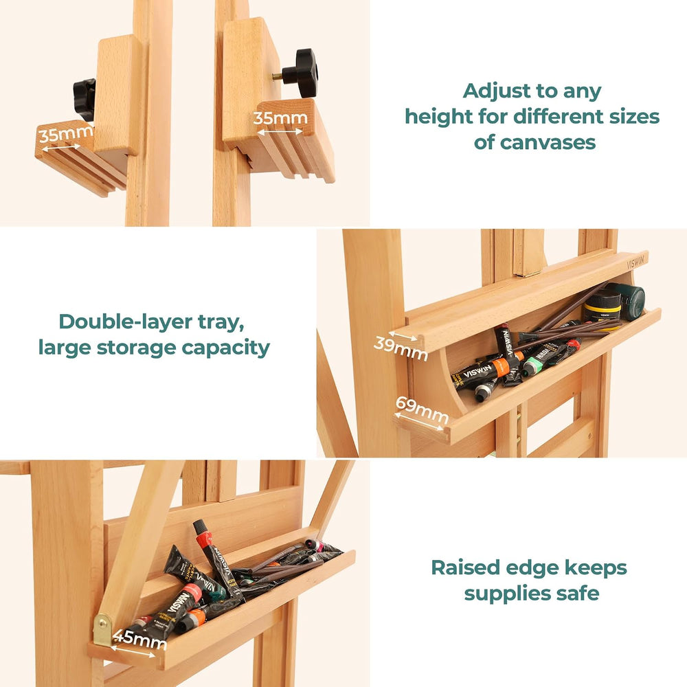 VISWIN Double-Sided Easel & Drafting Table, Hold 1 or 2 Canvas, Solid Bee...