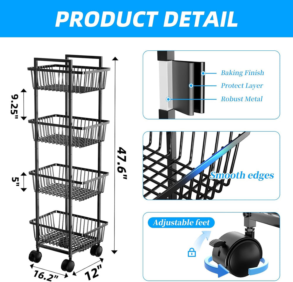 Simple Trending 4 Tier Rolling Fruit Vegetable Basket Cart, Black | Metal Wir...