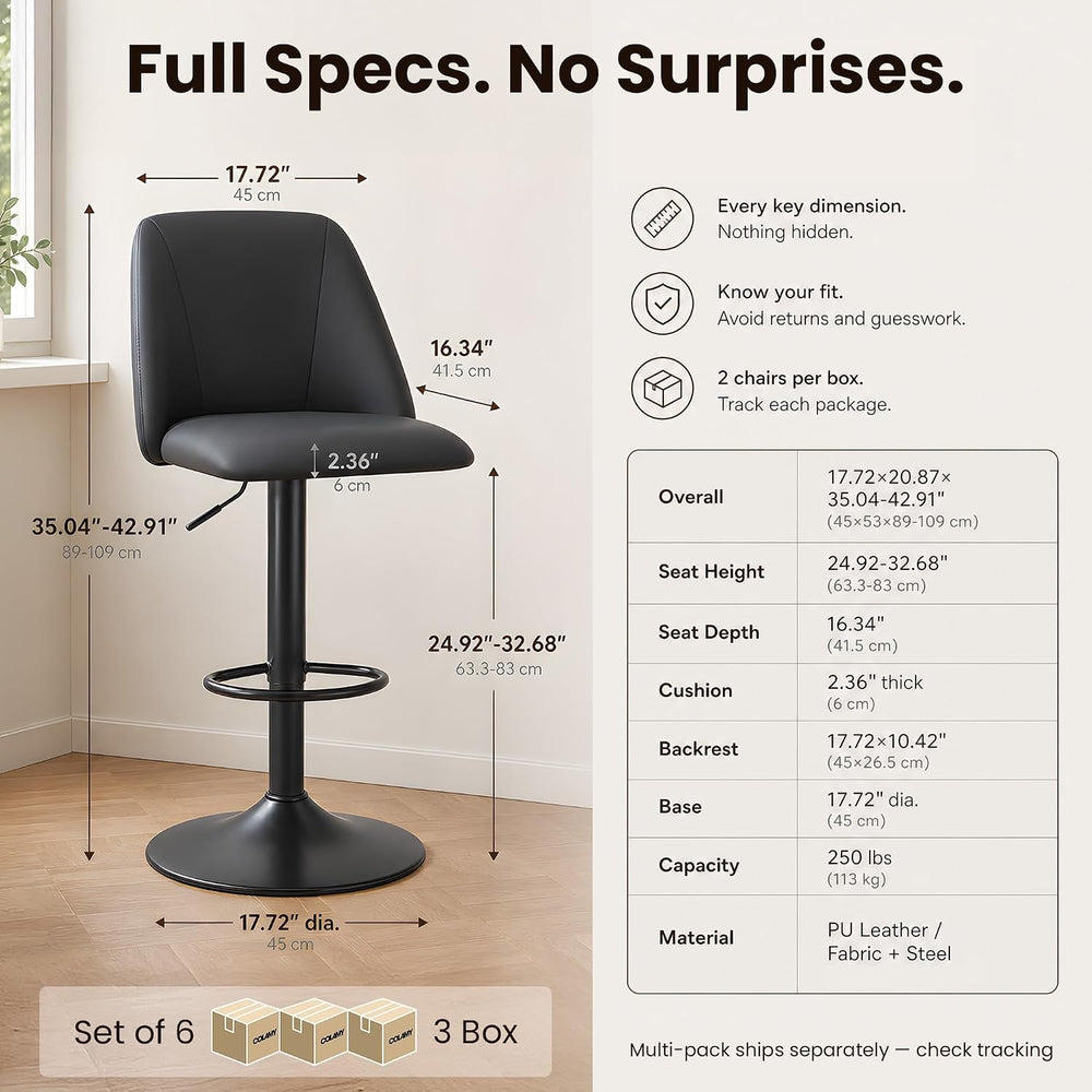 COLAMY Adjustable Upholstered Bar Stools Set of 6,360° Swivel Counter Height ...