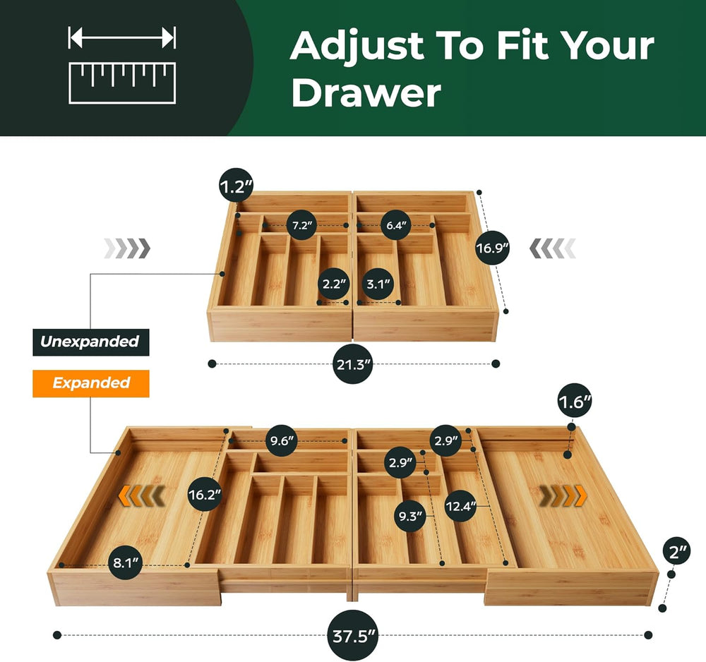 Large Silverware Organizer, 13 Slots Magnetic Connected Expandable Bamboo Ute...