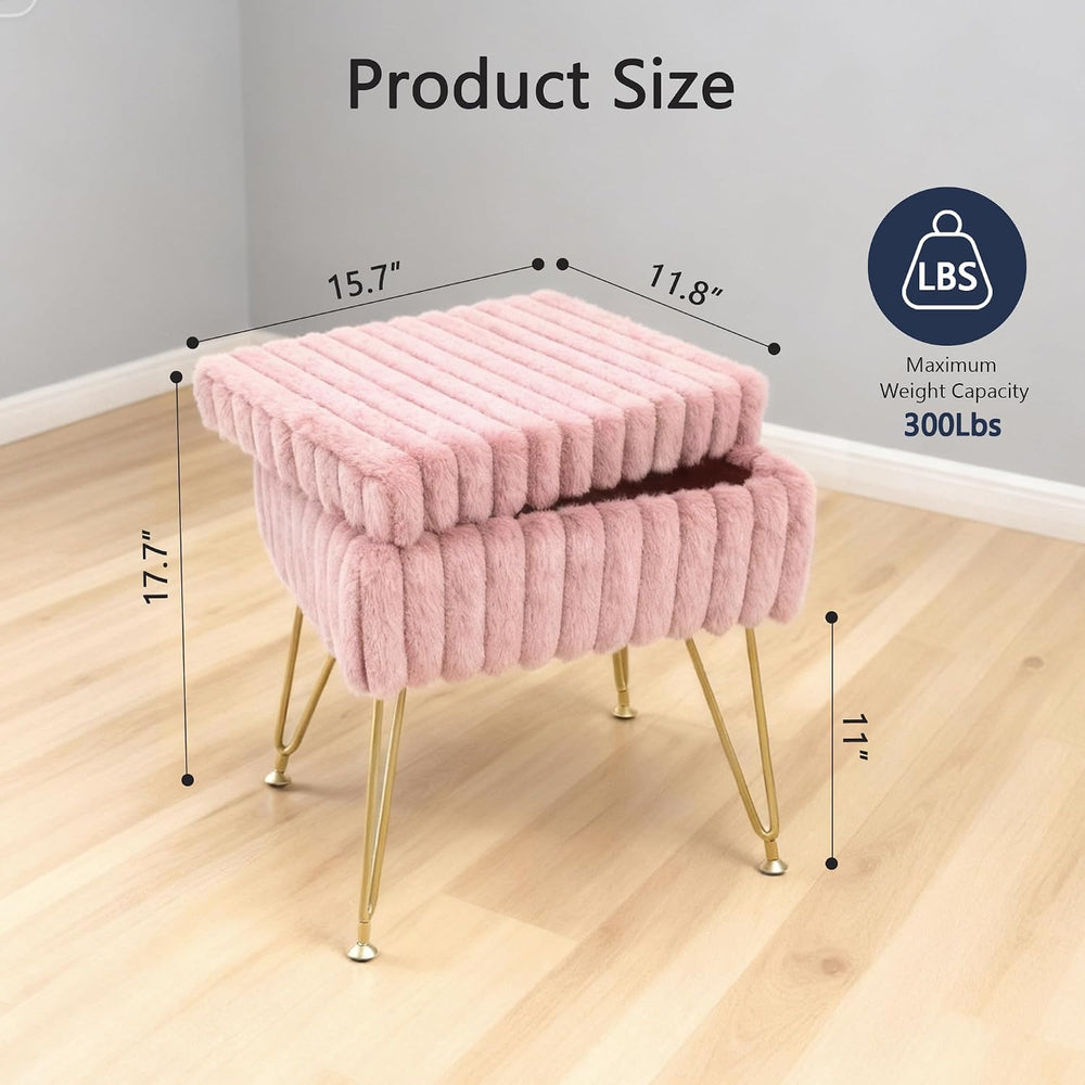 Vanity Stool Chair with Storage, Faux Fur Soft Padded Ottoman with Coffee Tab...