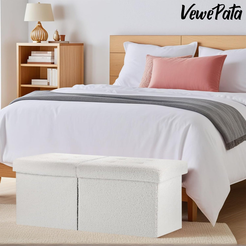 Storage Ottoman Bench, 34" Teddy Velvet Folding Foot Rest, White | Large...
