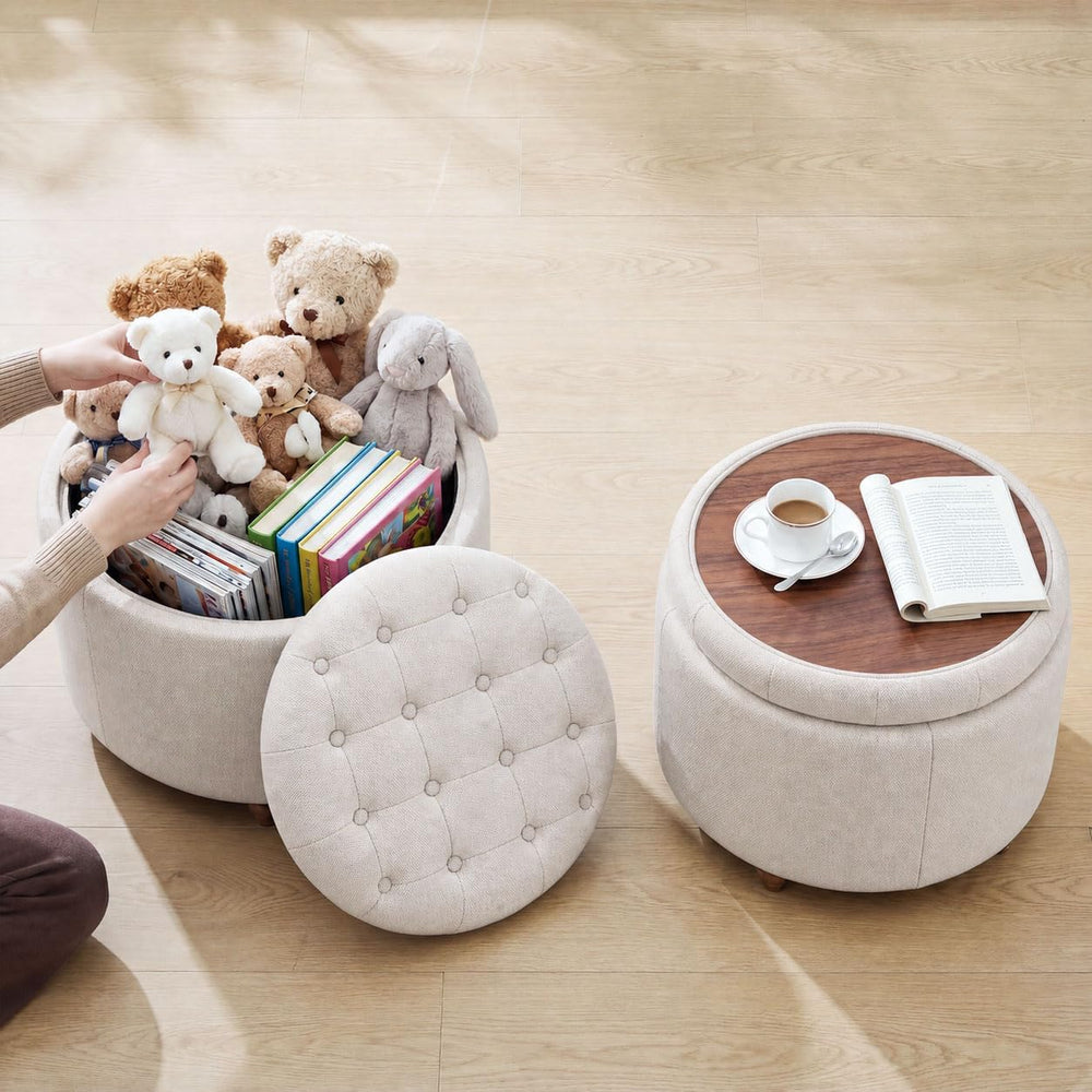 25" Round Ottoman with Storage, Small Coffee Table with Reversible Tray ...