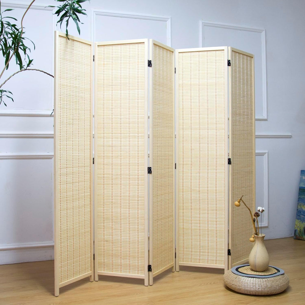 Furnnylane 5 Panel Bamboo Room Divider – 5.6 ft Tall Folding Privacy Screen, ...