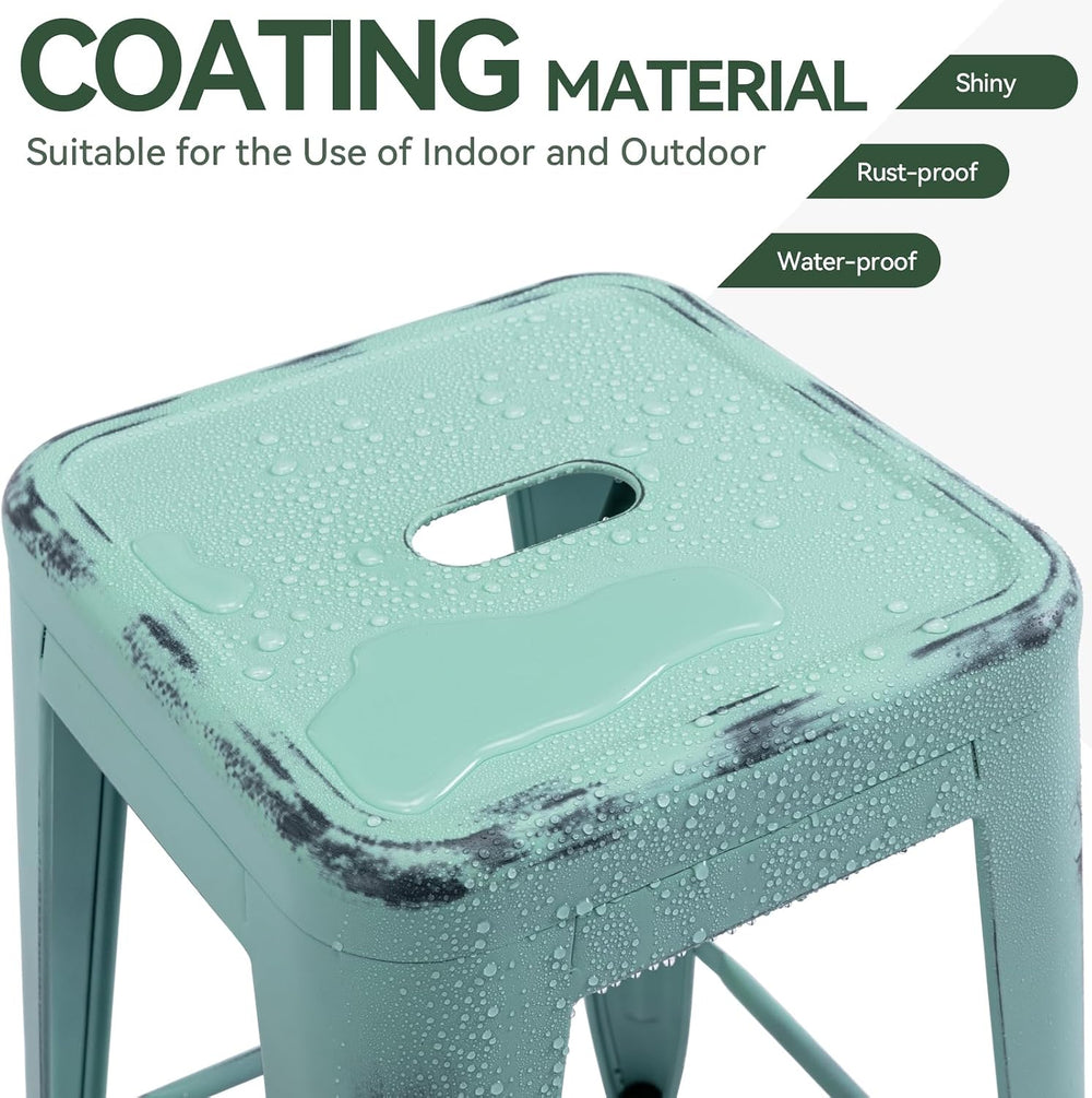 24 Inch Metal Bar Stools Set of 2, Stackable for Indoor Outdoor, Mint Green