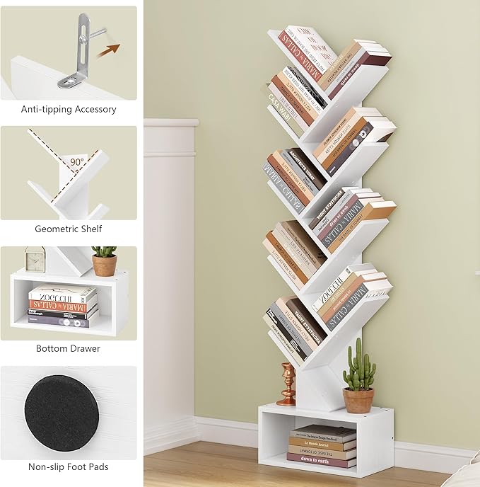 Hoctieon 9 Tier Tree Bookshelf, Tall Bookcase with Drawer, Wood Book Shelf, M...