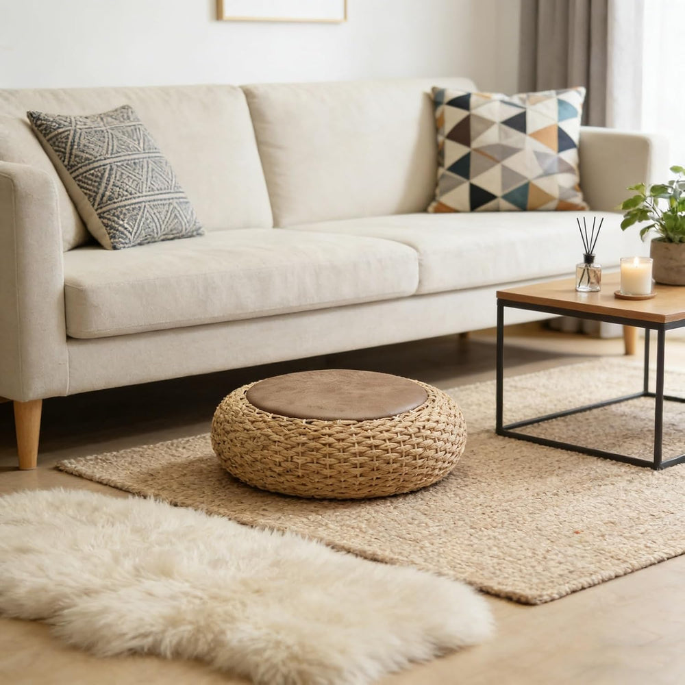 Round Straw Knitted Pouf, Foot Stool Leather Roof Steel Frame Stuffed Futon,f...
