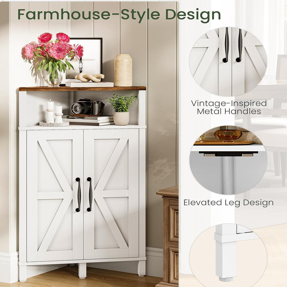Farmhouse-Style Corner Cabinet, Corner Shelf with Open Storage, Double-Door S...