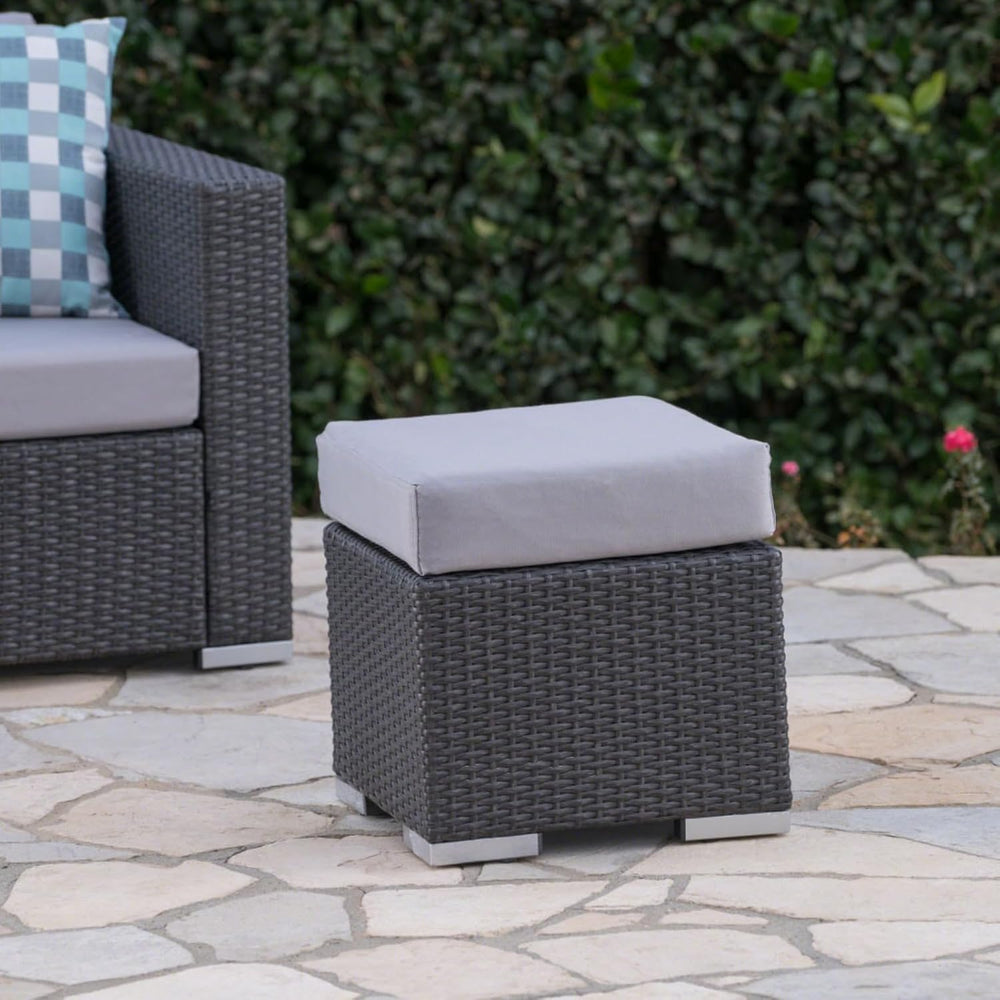 Hassyee PE Rattan Grey Patio Ottoman with Thick Cushions for Poolside, Lawn, ...