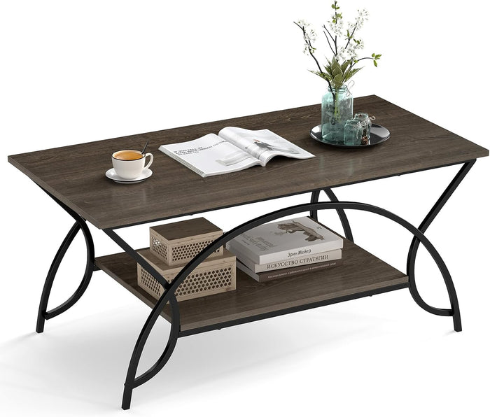 GOFLAME Industrial Coffee Table, 2-Tier Rectangular Center Table with Storage Shelf, Accent Table with Arched Metal Frame & Adjustable Foot Pads for Living Room, Reception Room(Gray Oak + Black)