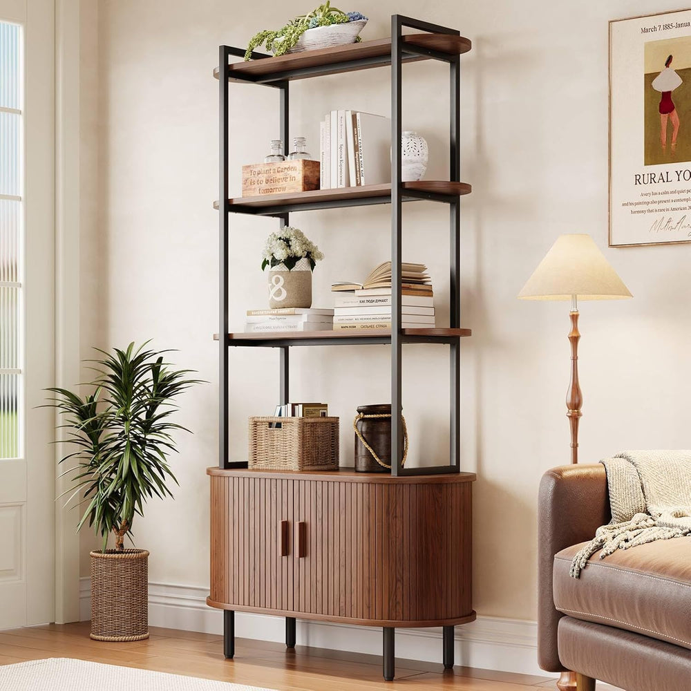 ComfyCorner 4 Tier Bookshelf with Cabinet, 71" Tall Display Bookcase Walnut