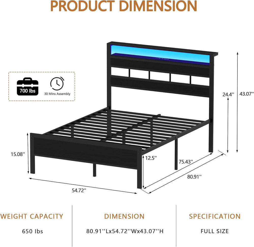 Furnulem Full Size Bed Frame, Storage Headboard, LED & Charger, Black Oak
