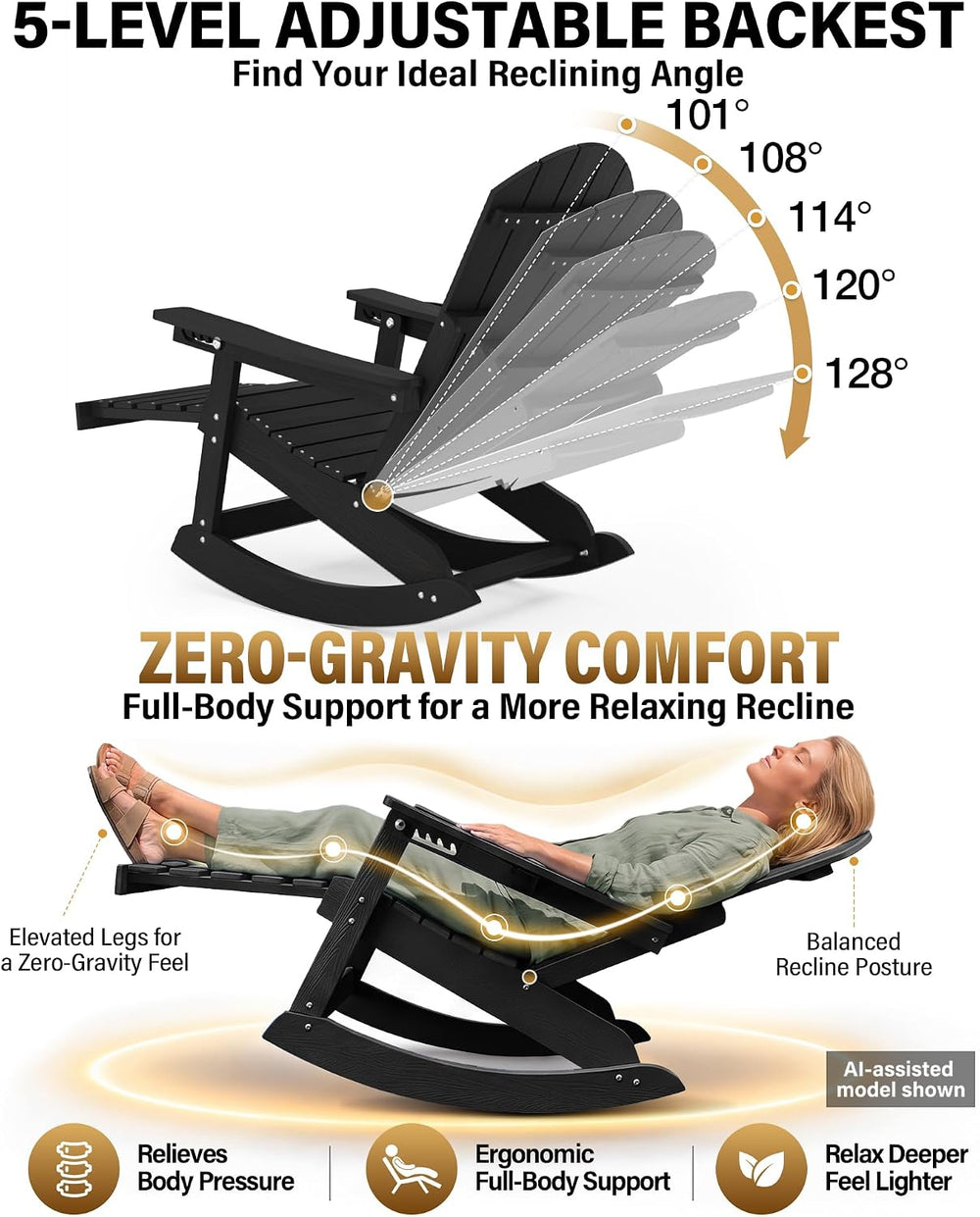 YEFU Adirondack Rocking Chairs Set of 2, with Footrest, 5-Level Adjustable