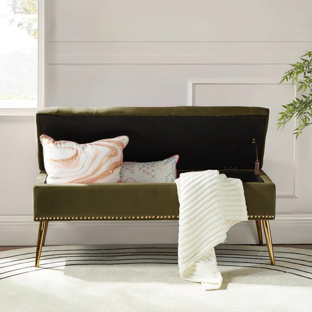 HULALA HOME Modern Velvet Storage Ottoman Bench with Gold Base & Nailhead...