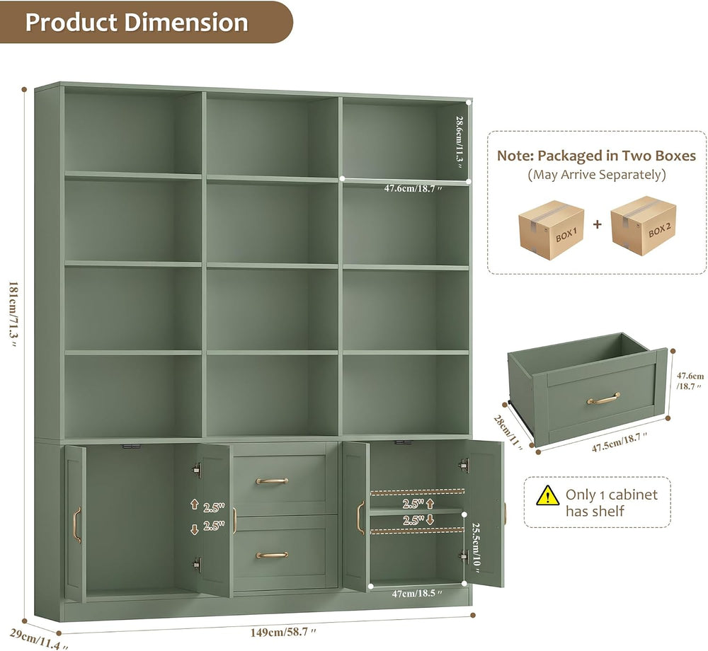 HOSTACK 71" Tall Triple Wide Bookshelf with Storage Drawers & Doors,...