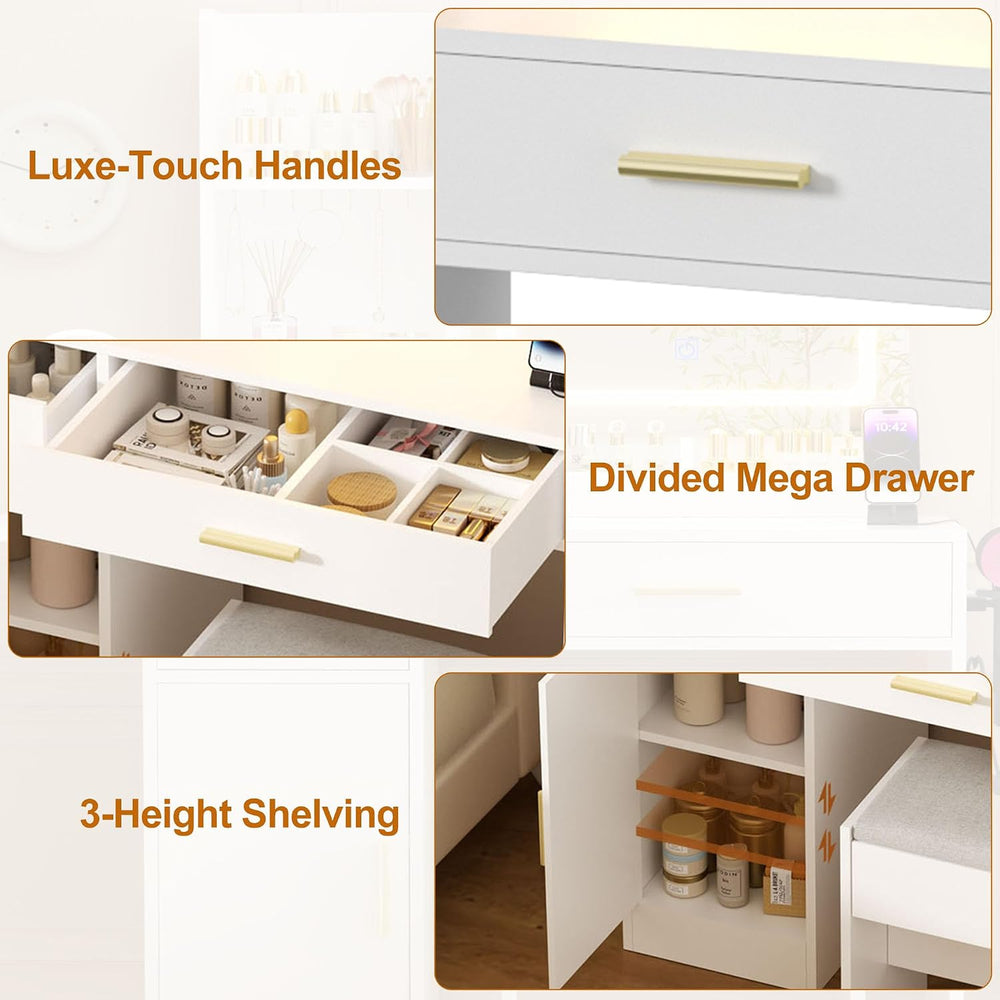 ERLEJIA Vanity Desk with Mirror and Lights & Extral Foldable Desk, 31.5&q...