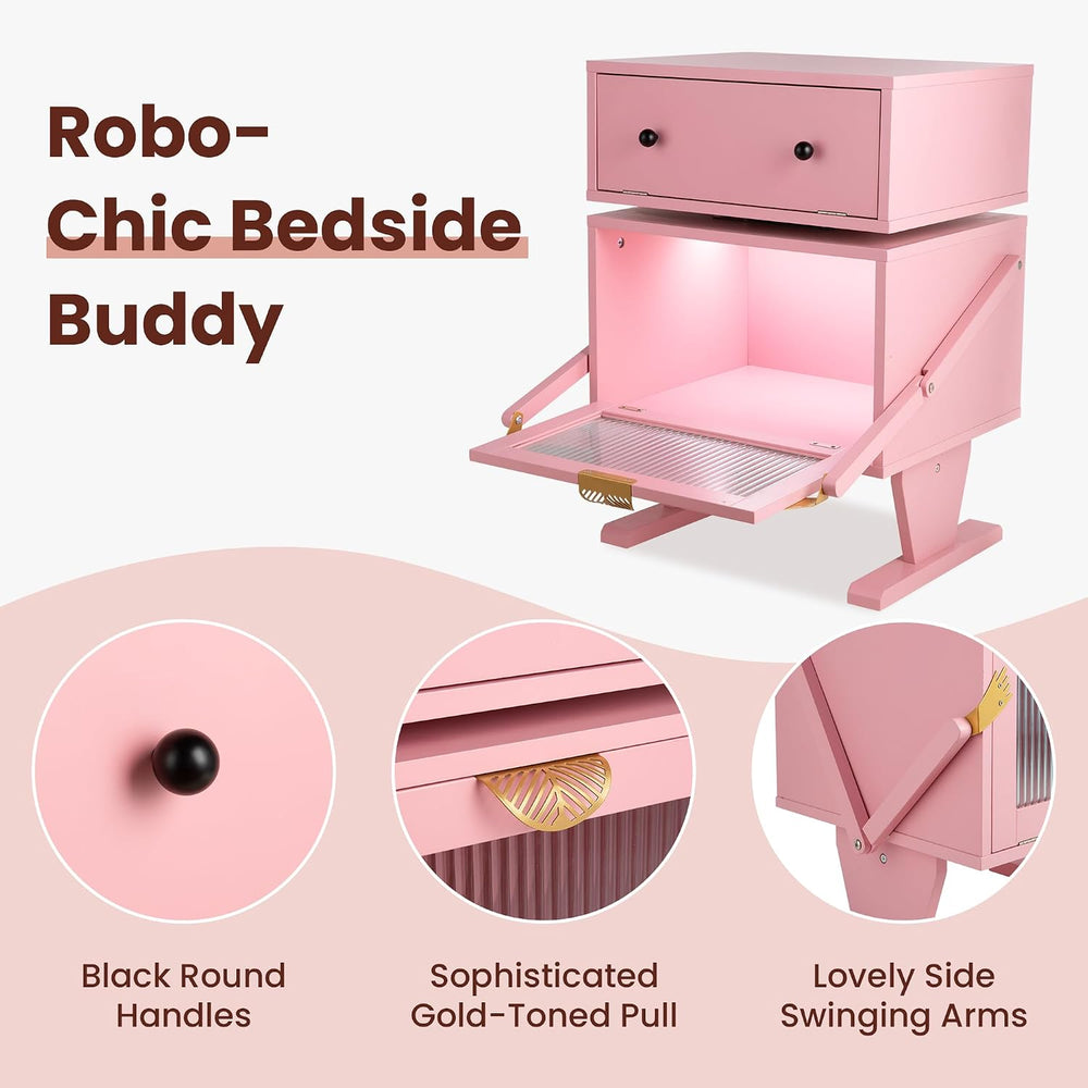 RoyalCraft Nightstand with LED Light Strips, Pink End Table for Bedroom | Mod...
