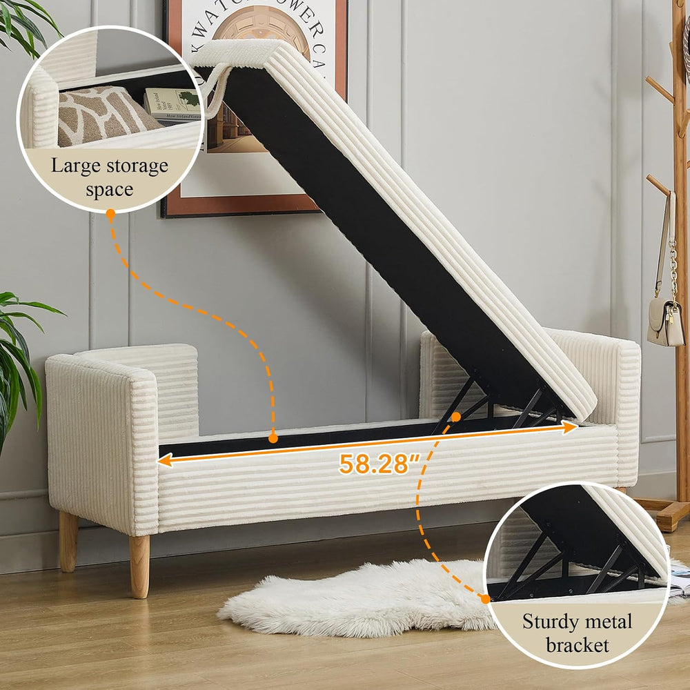 65.35" Storage Bench, Corduroy Upholstered End of Bed Bench with Bolster...