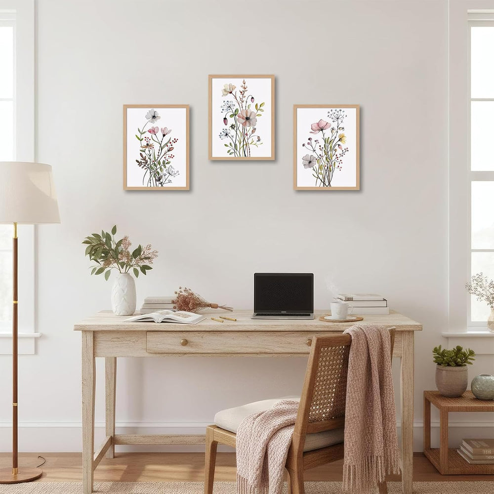 3Pcs Framed Botanical Wall Art Set of Watercolor Floral Canvas Prints Wildflo...