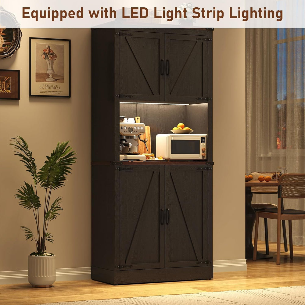 72" Tall Farmhouse Kitchen Pantry Cabinet with LED Light and Power Outle...