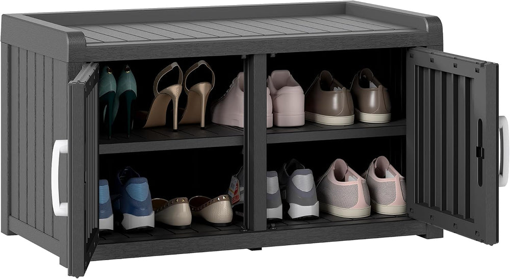 2-Tier Storage Bench, Waterproof UV-Resistant Outdoor Shoe Storage Cabinet wi...