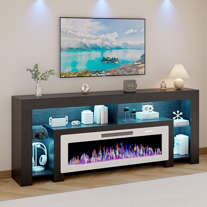 LEMBERI 80 inch Fireplace tv Stand with 50 inch White Fireplace Up to 90"...