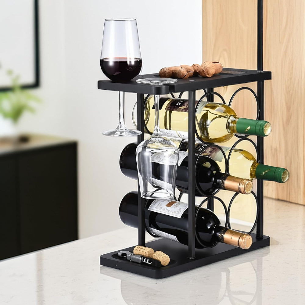 ALLCENER Modern Wine Rack Countertop, Matte Black 6 Bottle Wine Rack with Gla...