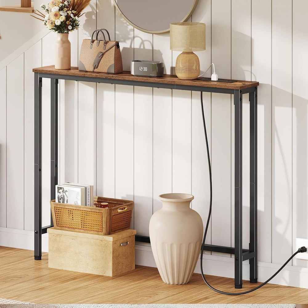 HOOBRO 39.4 Inch Narrow Console Table with Power Outlets, 5.9 Inch Sofa Table...