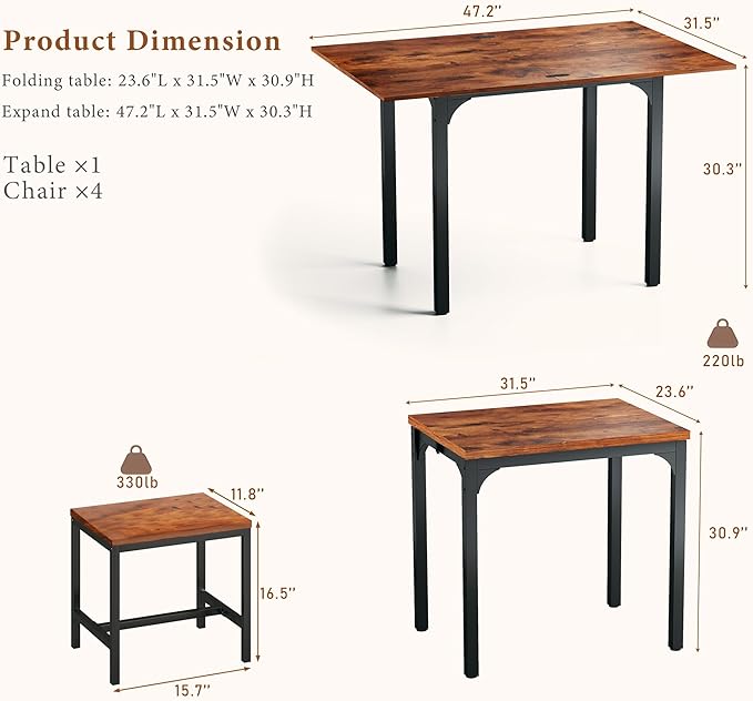 Dining Table Set for 4, Extendable Kitchen Table Chairs Set of 4, Rectangle D...