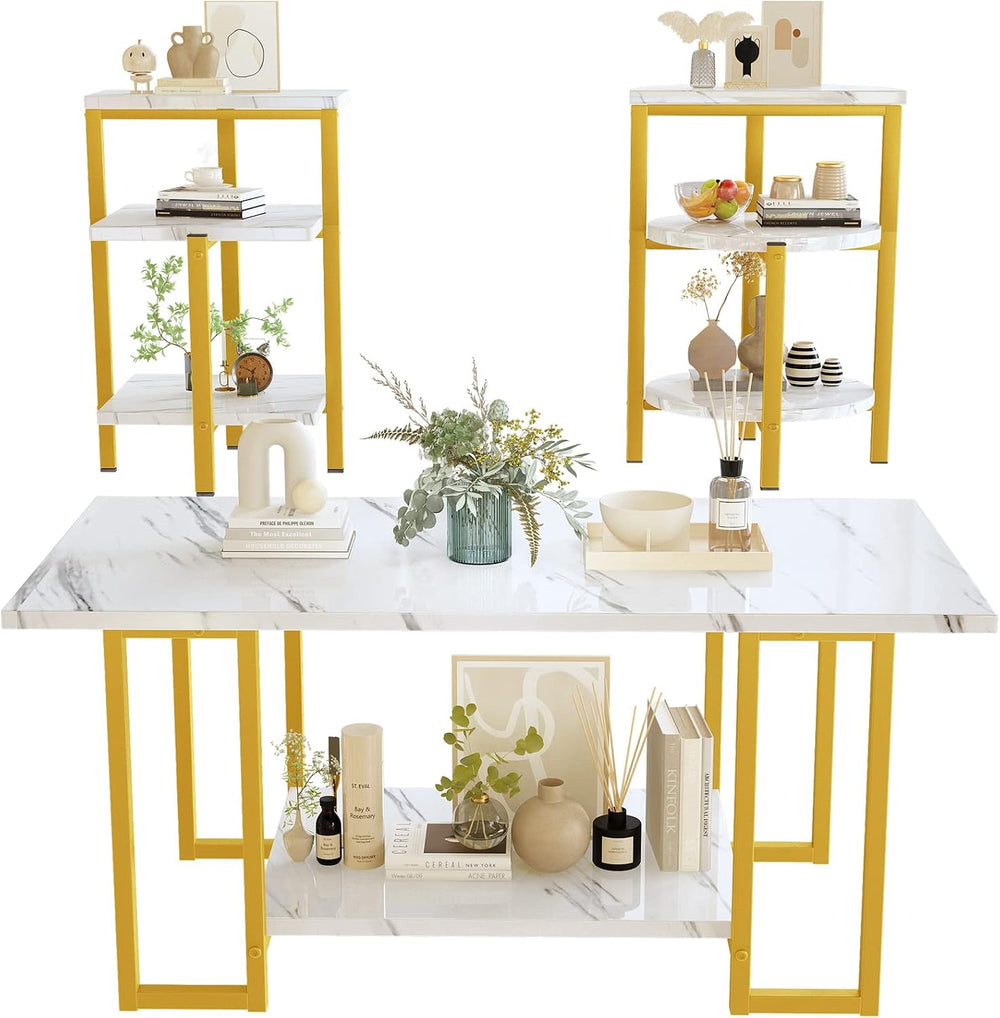 Coffee Table Set of 3, Faux Marble Coffee Table & 2pcs End Table with Met...